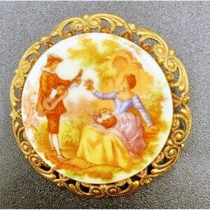 Brooch Courting Scene Vintage 1940s West Germany Filigree Gold Tone 1.75 Inch